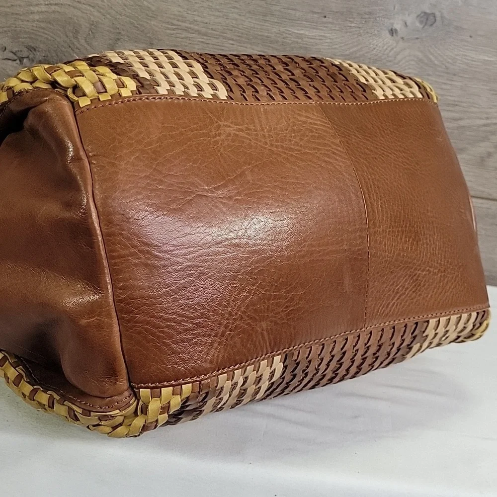 Made in India Brown and Yellow Woven Leather Tote Crossbody Bag